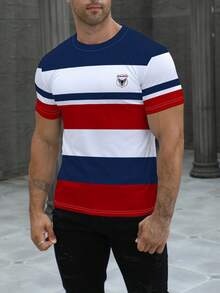 Manfinity Dauomo Men's T-Shirt With Contrast Stripe, Business Casual Street Style Mature Man Eagle Graphic Print Short Sleeve T-Shirt - Multicolor - View 4