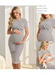 SHEIN 女士舒适休闲短袖哺乳连衣裙 - 黑與白 - 查看 1