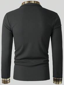 Manfinity Homme Áo Polo nam kiểu dáng thường ngày, họa tiết kẻ caro ghép mảnh, thích hợp cho mùa thu. - Xám - Xem 2
