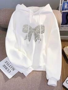 Resyla 秋冬款厚重蝴蝶结串珠首饰白色连帽女士棉服卫衣