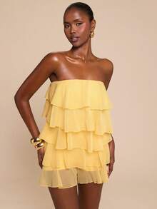 SHEIN BAE Yellow Cream Ruffled Hem Elegant Jumpsuit, Spring/Summer - Yellow - View 5