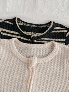 Loomiva 新生男婴/女婴条纹针织柔软圆领长袖连体衣和裤子两件套 - 彩色 - 查看 4