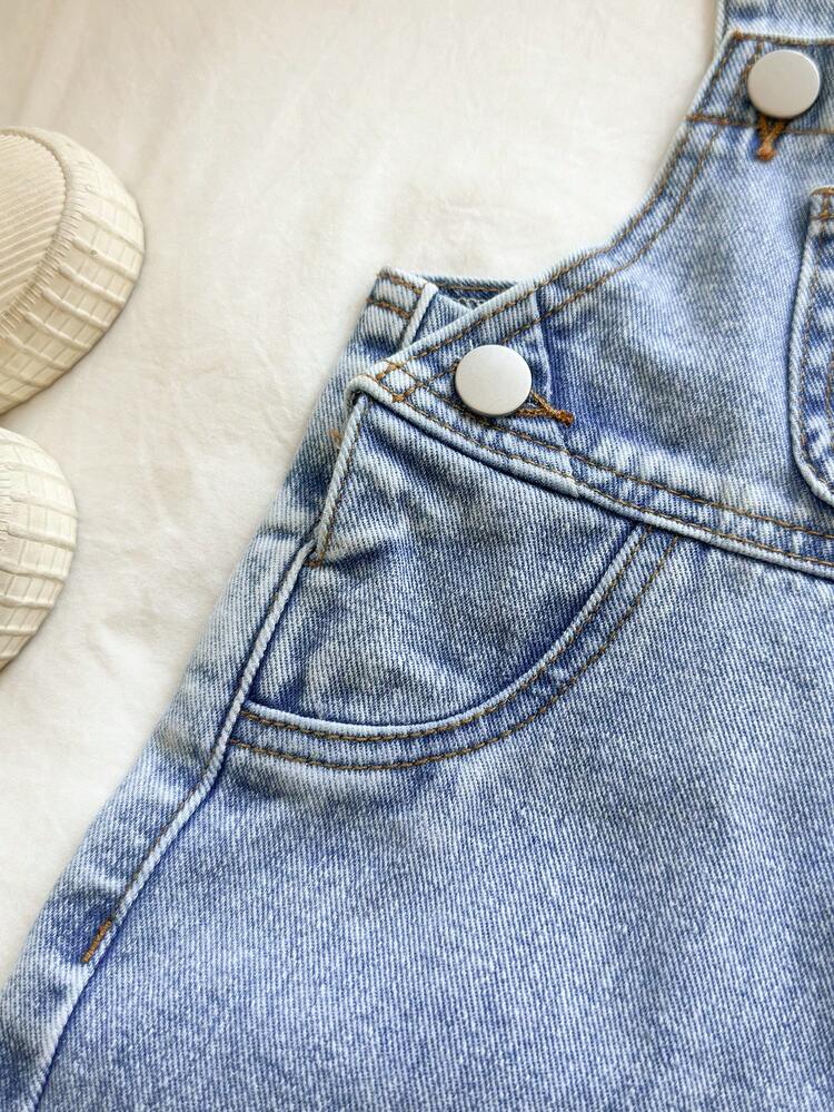 ウォッシュブルー カジュアル ルーズデニム サロペット ポケット付き、スナップボタンデコレーション、着用簡単、日常着に適したバーサタイルでファッショナブル - ライトウォッシュ - 見る 6