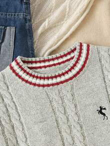 Teen Girls' Round Neck Knit Oversized Sweater Top, Cute Embroidered Cable Knit Texture In Fall/Winter - Grey - View 5