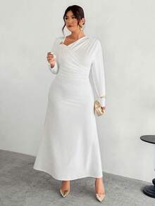 Firerie Đầm dài tay dáng rộng thanh lịch mới dành cho nữ cỡ lớn, vai bất đối xứng, điểm nhấn kim loại, eo nhún, ôm sát cơ thể, phù hợp cho công sở, mùa thu và đi học. - trắng - Xem 7