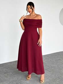 Firerie Plus Size Women's Elegant Minimalist Chic Romantic Fashion Sexy Vacation & Work Occasion Off Shoulder High Waist A-Line Maxi Dress, Spring/Summer Plus Size Dresses Burgundy Sexy Plus Size Dress Off Shoulder Dress Curve Off The Shoulder Plus Size Dress - Burgundy - View 3