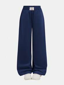 SHEIN 2件装少女休闲纯色蓝黑拼接宽松阔腿裤，黑色+粉色，休闲风格，返校季 - 藏蓝色 - 查看 4