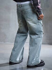 ROMWE MEN Street Life Men's Loose Casual Fashion Utility Blue Jeans - Blue - View 3