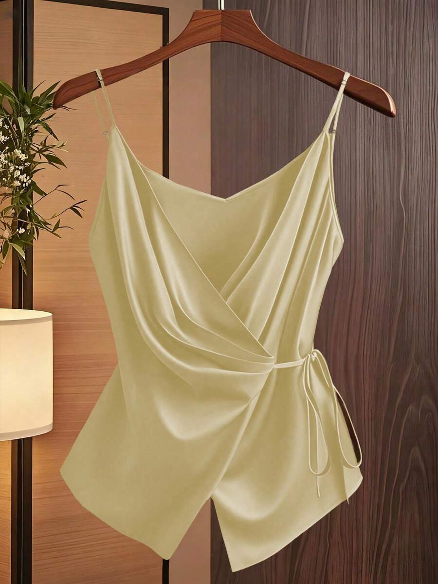 Lyxana Women's Fashion Casual V-Neck Pleated Wrap-Around Bowknot Tie Waist A-Line Camisole - Beige - View 1