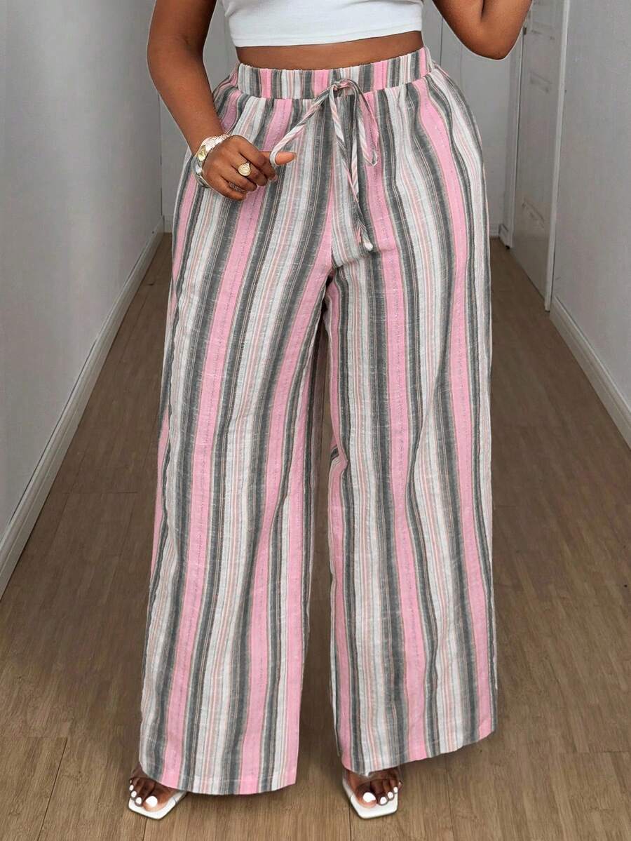 Maweii Quần ống rộng dáng suông thoải mái kẻ sọc dành cho nữ cỡ lớn, thắt eo, kiểu dáng thường ngày. - Nhiều màu - Xem 1