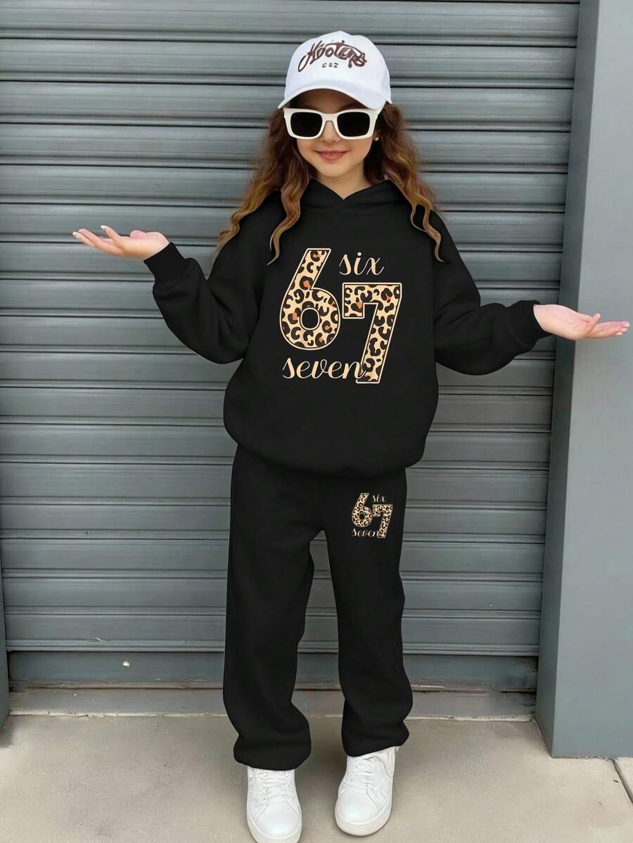 Sparklyn 1 set adolecent filles chic décontracté minimaliste imprimé léopard 67 Numéro SIX SEPT Ensemble sweat-shirt à capuche et pantalon de survêtement, Automne/Hiver - Noir - Voir 1