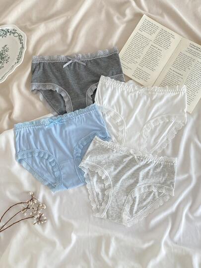 少女4件套蕾丝边蝴蝶结装饰柔软舒适纯棉内裤