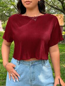 SHEIN EZwear 大码女式纯色圆领短袖露脐休闲T恤 - 紅色 - 查看 1