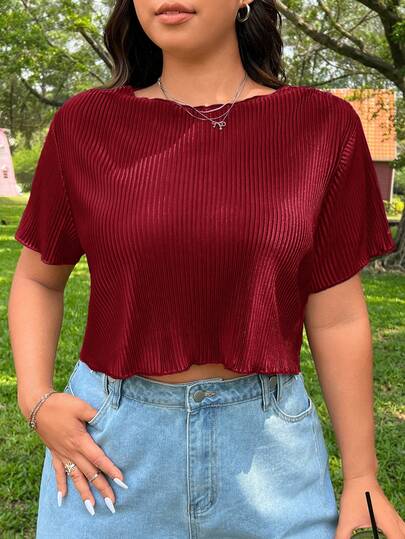 SHEIN EZwear Plus Size Women's Solid Color Round Neck Short Sleeve Cropped Casual T-Shirt