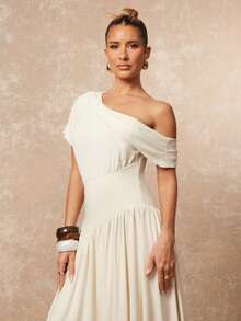 Lumalex 女士优雅休闲杏色不对称领口荷叶边短袖修身喇叭连衣裙，春夏款 - 杏色 - 查看 3