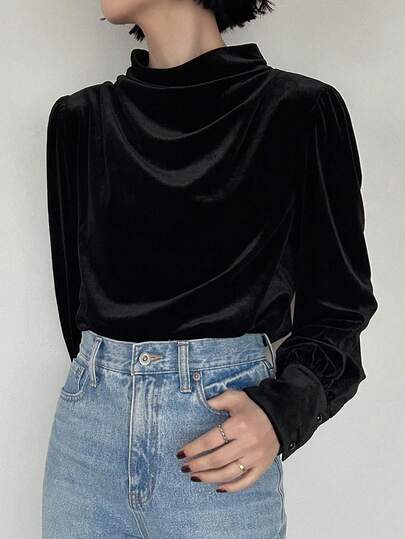 FRIFUL Women's Velvet Mock Neck Loose Fit Pullover Solid Color T-Shirt, Suitable For Commuting And Layering