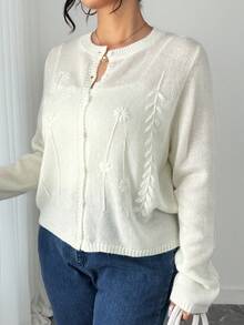 Dazy Plus Áo khoác cardigan dệt jacquard dáng rộng, phong cách thường ngày dành cho nữ cỡ lớn, mùa xuân/thu. - trắng - Xem 1