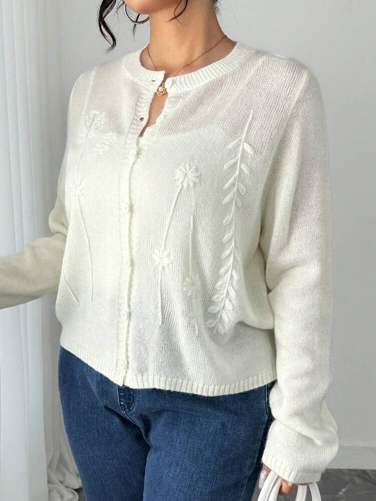 Dazy Plus Jacquard Knit Loose Cardigan, Casual Plus Size Women Spring/Autumn