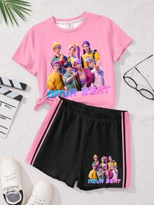 Bộ 2 món quần short tay ngắn tối giản phong cách Dopamine Color dành cho bé gái tuổi teen, in hình hoạt hình cô gái K-POP, thích hợp cho mùa hè. - Nhiều màu - Xem 4