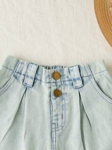 SHEIN Vintaside Kids شورتات جينز مستقيمة الساق للبنات، كاجوال، فضفاضة، خصر مطاطي، مناسبة للربيع/الصيف، للخارج، الشارع، المدرسة، الاستخدام اليومي، الحفلات، العطلات، التنقل، المنزل، وصول جديد للخريف - أزرق فاتح - مشاهدة 5