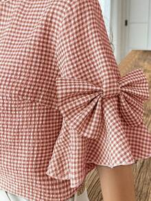 Elouméa 女士格子圆领蝴蝶结装饰喇叭袖时尚衬衫 - 藕粉色 - 查看 3