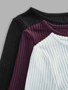 SHEIN MOD 3 pezzi Magliette da donna a maniche corte a balze con collo rotondo, in colore unito in pile, adatte per autunno/inverno, abbinabili, romantiche, eleganti, versatili, confortevoli, chic - Multicolore - Visualizzare 9