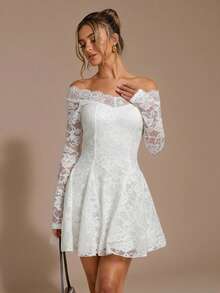 SHEIN BAE 黑色蕾丝露肩修身迷你连衣裙，优雅性感女士长袖蕾丝连衣裙，黑色蕾丝连衣裙，优雅小黑裙 - 白色 - 查看 6