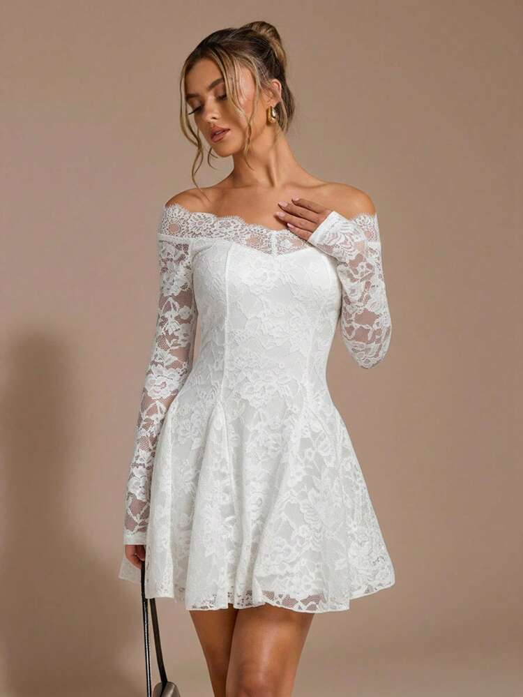 SHEIN BAE فستان ضيق قصير بدون كتف من الدانتيل الأسود، فستان دانتيل أنيق وجذاب للنساء بأكمام طويلة، فستان دانتيل أسود، فستان أسود أنيق وقصير - أبيض - مشاهدة 6