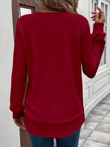 SHEIN LUNE 女士休闲纯色套头卫衣，秋冬季，情人节，女士红色上衣，嘉年华，休闲 - 酒紅色 - 查看 2