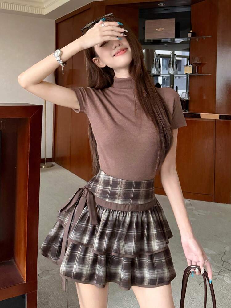 Women's Plaid Korean Style Pleated Bow Decor Skirt