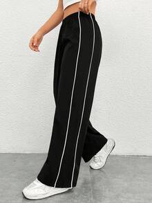 SHEIN PETITE CURVE Plus Size Side Contrast Color Straight Leg Pants/Winter - Black - View 6