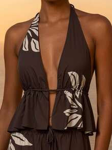 CAJUNI Bộ đồ gồm áo không tay cổ chữ V sâu, thắt eo, in họa tiết lá cây và quần ống rộng thời trang. - màu nâu - Xem 5