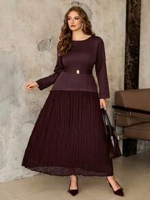 Roveilla 大码女士优雅纯色拼接褶裥下摆系带两件式连衣裙，春秋季 - 紫紅色 - 查看 9