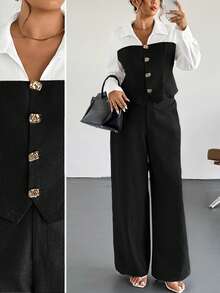 Firerie Bộ đồ hai mảnh gồm áo sơ mi và quần ống đứng dáng rộng màu mơ nhạt, kiểu dáng giản dị nhưng thanh lịch, phù hợp cho đi làm, đi dạy, đi học, hoặc mặc đi làm văn phòng. - màu đen - Xem 7