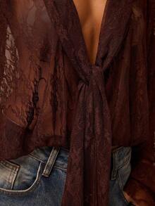 Glamine Lace Blouse, Sheer Lace Blouse, V-Neck Long Sleeve Sheer Lace Blouse - Brown - View 4