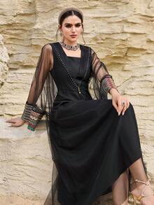 Al Najma 女士波西米亚风拼接印花薄纱喇叭袖长款束腰连衣裙 - 黑色 - 查看 5