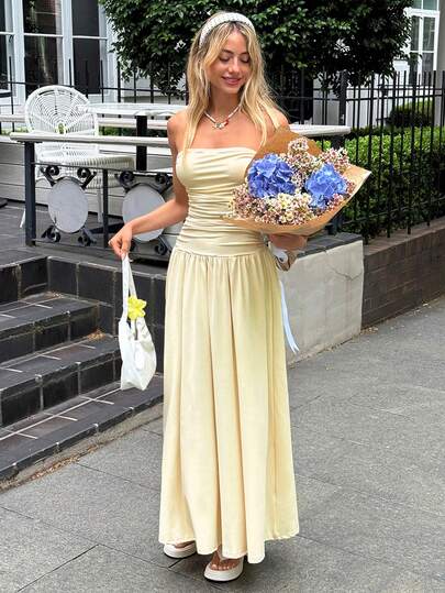 MainGRL Women's Casual Long Dress In Beige Color, Summer,Butter Yellow Dress