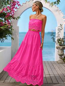 Vivid Eden 女士无肩带镂空荷叶边露脐上衣和半身裙休闲度假套装，纯色/格子/条纹/休闲款 - 玫紅色 - 查看 3