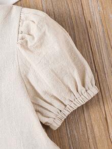 SHEIN 杏色女童娃娃连衣裙，棕色蝴蝶结装饰前领口时尚上衣 - 彩色 - 查看 4