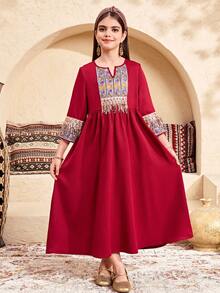SHEIN Áo Jalabiya hoa cho bé gái tuổi teen, Áo Jalabiya thêu hoa cổ điển thanh lịch, Áo đầm dài tay truyền thống tối giản kiểu Ả Rập cho bé gái tuổi teen, phù hợp cho mùa xuân/hè, Áo đầm dài tay kín đáo thanh lịch, Áo Abaya cầu nguyện, Thoải mái dễ chịu, Trang phục thường ngày, Phong cách nghỉ dưỡng, Áo Kaftan kín đáo, Áo Jalabiya cho bé gái tuổi teen, Áo Jalabiya cho bé gái, Áo đầm đỏ. - Màu Đỏ Sâu - Xem 5