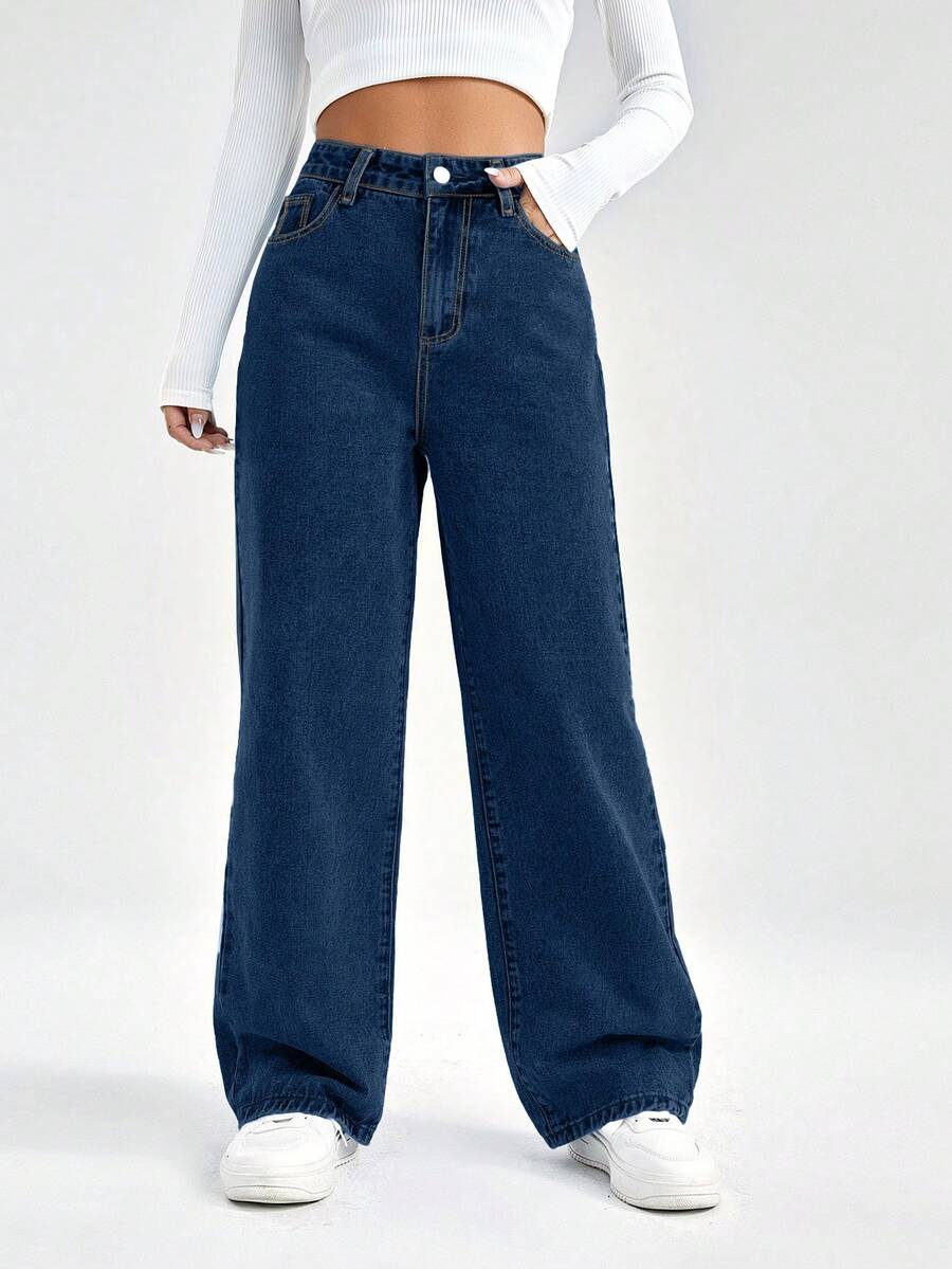EURMUSE 100%Cotton High Waist Wide Leg Jeans - Royal Blue - View 1