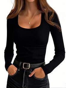 EMERY ROSE 女士纯色方领长袖罗纹休闲连体衣