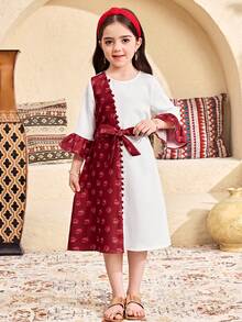 SHEIN Young Girls' Retro Loose Casual Square Neck Patchwork Pattern Long Sleeve Dress - Burgundy - View 6