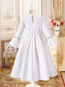 Young Girl' Traditional Cute Minimalist Round Neck Long Sleeve Pleated Dress, Suitable For Holidays, Spring/Summer - White - View 2