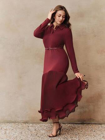 Anewsta Elegante y acogedor vestido largo de manga larga para mujer de talla grande, con diseño de patchwork de unicolor, plisado y dobladillo de cola de pez, en estilo navideño