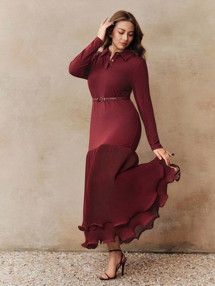 Anewsta 优雅舒适的圣诞纯色针织修身拼接褶裥鱼尾下摆长袖加大码女装连衣裙 - 酒紅色 - 查看 1