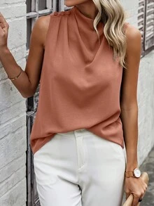 SHEIN Clasi 女士纯色褶皱领无袖时尚衬衫 - 紅木色 - 查看 4