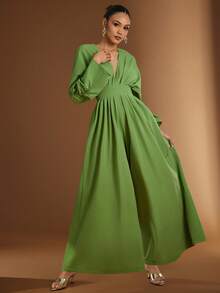Hauture Women's Sexy Elegant Daily Low Front With Ruched Puff Sleeves And Plated Wide Leg Pant Jumpsuit - Green - View 1