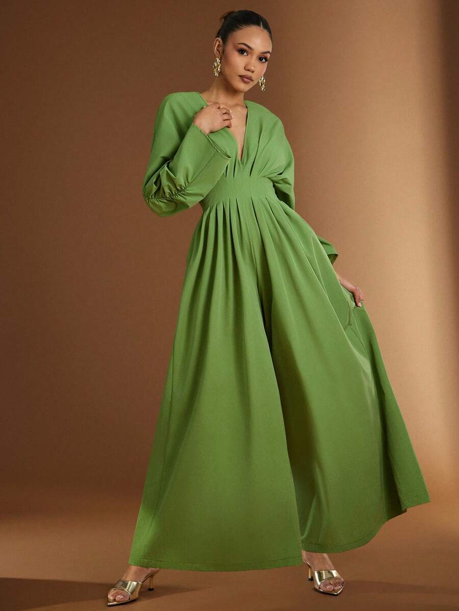 Hauture Women's Sexy Elegant Daily Low Front With Ruched Puff Sleeves And Plated Wide Leg Pant Jumpsuit - Green - View 1