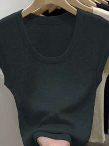 SHEIN Áo dệt kim tay ngắn cổ chữ U màu trơn dành cho nữ năm 2025, hàng mới về mùa xuân/hè. - Màu xám đen - Xem 3